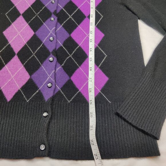 Apt 9 100% Cashmere Purple Argyle Diamond Cardigan Sweater Medium Preppy Cozy - Picture 10 of 10